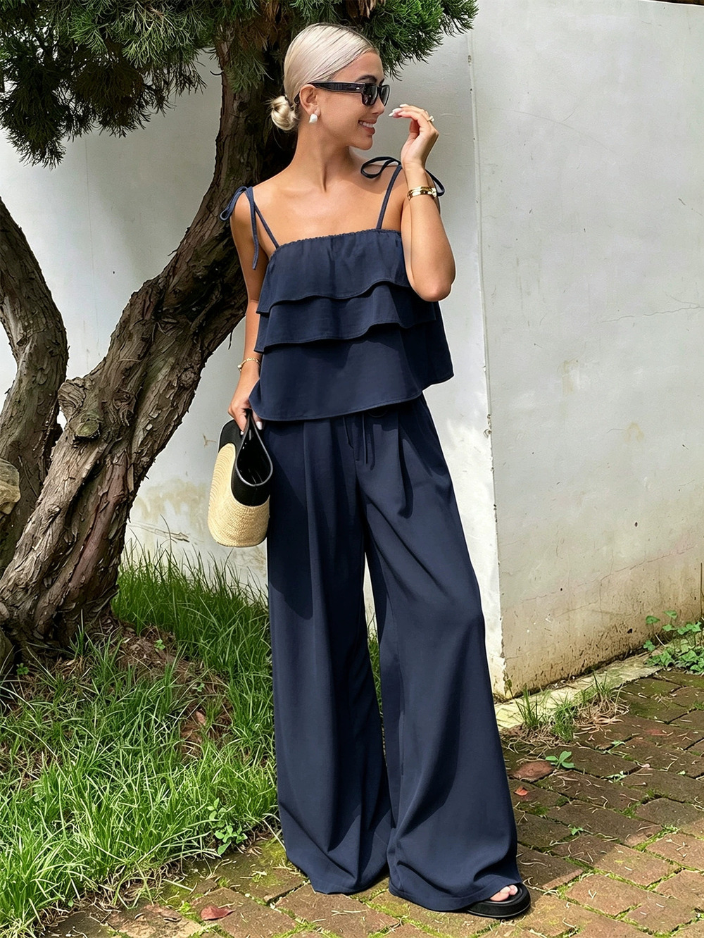 ZARA Ruffle Camisole Wide Leg Pants 2-Piece Set Tie Waist Slimming Resort